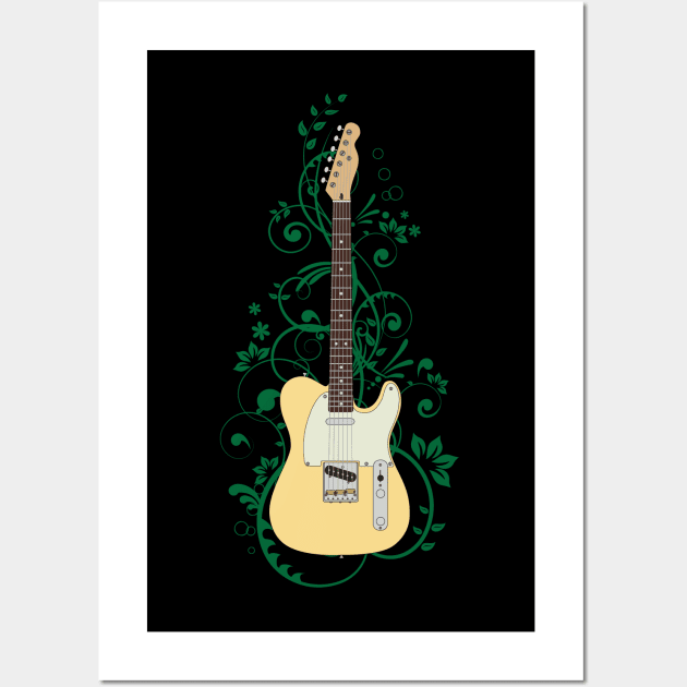 Buttercream T-Style Electric Guitar Flowering Vines Wall Art by nightsworthy